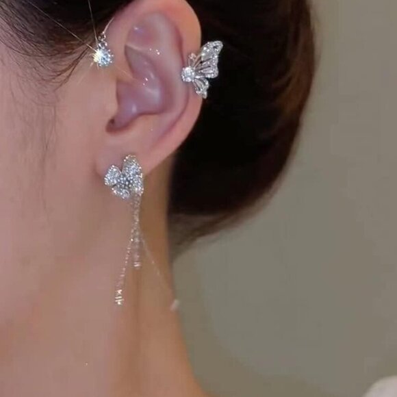 2PCS Butterfly Tassel Zircon Earrings and Ear Cuffs - No Piercing Flower Climber - Picture 5 of 7